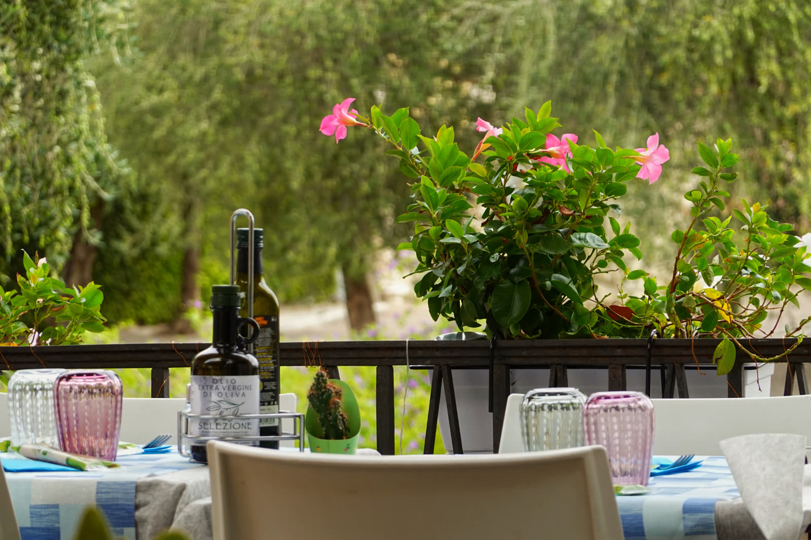 Tavolo all'aperto con tovaglia e fiori rosa sotto la pergola dell'Adria